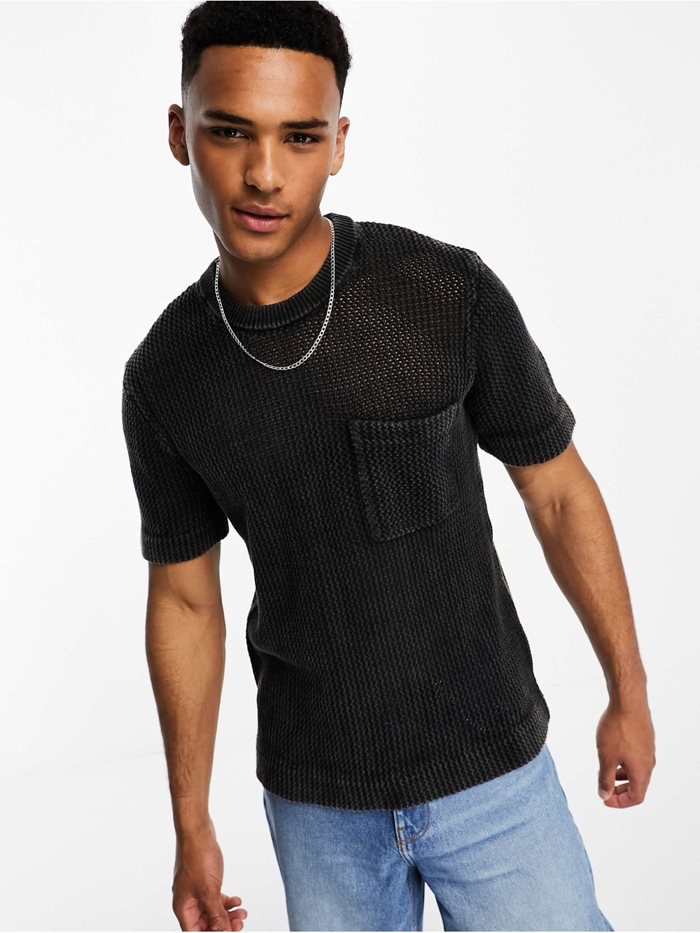 Abercrombie & Fitch open stitch knit pocket t-shirt in phantom grey, size large